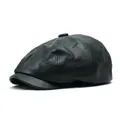 Klassische schwarze Leder Schirmmütze mit Mehrfachnähten im Retro Achteck Stil - M(56-58cm) / Grün