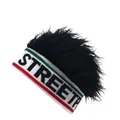 Detail of white knit headband with black long wig and STREETP lettering embroidery - White Base Black Wig