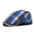 Unisex blue and black plaid ivy cap with grey brim and textured cotton twill fabric - M (56-58cm) / Blue