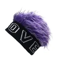 Hip hop beanie featuring black knit base with long purple faux hair and LOVE lettering - One Size / Black With Purple Wig