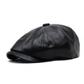 Klassische schwarze Leder-Schiebermütze mit Nahtdetails und retro achteckigem Design - M(56-58cm) / Schwarz