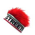 Detailed view of red faux hair wig cap with white knitted band and street text - White Base Red Wig