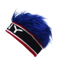 Detalle del gorro de punto con logo NY y peluca de pelo sintético azul brillante - Rojo Ny + Azul Real