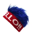 Macro shot of the knitted red headband with white HELLO text and blue faux fur top - One Size / Red With Blue Wig