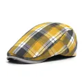 Detail shot of yellow and black checkered flat cap with premium cotton texture - M (56-58cm) / Yellow