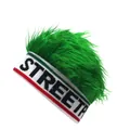 Close-up of knit street headband with bright green faux fur and STREETP letter embroidery - White Base Green Wig
