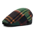 Classic British style plaid flat cap in wool blend with adjustable side buckle - Adjustable / Green