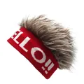 Detail of red knitted headband with grey faux hair and white HELLO!! text design - One Size / Red With Gray Wig