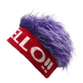 Detail of red knit headband with white HELLO text and purple faux fur wig hair - One Size / Red With Purple Wig