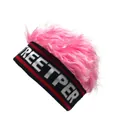 Close-up of pink fluffy wig knit hat featuring white STREETPER text on a black band - Black Base Pink Wig