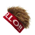 Close-up of red knit headband with white HELLO text and long brown synthetic hair - One Size / Red With Brown Wig