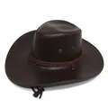 Dark brown PU leather western cowboy hat with woven band and adjustable wind strap - One Size / Dark Brown