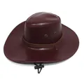 Classic burgundy PU leather cowboy hat with braided band and adjustable chin strap - One Size / Red Brown
