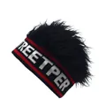 Detail of creative knit beanie featuring funny long wig hair and STREETPER text design - Black Base Black Wig