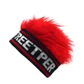 Close-up of knit streetper beanie with red mohawk wig and letter embroidery detail - Black Base Red Wig