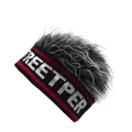 Detail of knit beanie with Streetper lettering and fluffy silver wig hair attachment - Black Base Gray Wig
