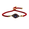 Close-up of adjustable red braided rope bracelet with a colorful zircon evil eye charm - Red Rope Tri-Color Zircon Eye Style (CB00263CX)