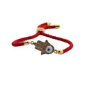 Macro shot of red braided rope bracelet with gold Hamsa Hand and Evil Eye zircon pendant - Red Rope Hamsa Hand Palm Style (CB00271CX)