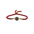 Macro shot of red braided Evil Eye bracelet with adjustable gold slider and zircon - Red Rope Gold Edge Blue Diamond Eye Style (CB00269YH)