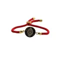 Macro detail of red woven rope bracelet with gold evil eye charm and adjustable toggle - Red Rope Dark Blue Micro-Inlaid Eye Style (CB00264CX)