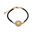 Close-up of Evil Eye charm on black cord bracelet with multi-colored crystals and gold links - Black Rope Colorful Micro-Inlaid Style (CB0074)