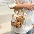 Light brown woven straw bucket bag with fabric flowers and lace bow detail - Lace Bow Ladybug Pendant Style / Khaki