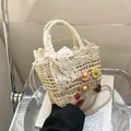 Handmade cream straw bucket bag with white lace bow and 3D floral accents for women - Lace Bow Ladybug Pendant Style / Beige