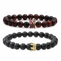 Ensemble de bracelets couronne en pierre œil de tigre et noir mat sur fond blanc - Ensemble de Bracelets Couronne en Oeil de Tigre Et Pierre Mate A