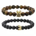 Ensemble de bracelets en œil de tigre et pierre noire mate avec couronnes dorées - Ensemble de Bracelets Couronne en Oeil de Tigre Et Pierre Mate C