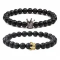 Bracelets de perles noires mates avec couronne pour couples avec œil de tigre et strass - Ensemble de Bracelets Couronne en Double Pierre Mate
