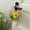 Mini straw bucket bag with yellow sunflower and drawstring inner for vacation style - Single Sunflower Style / Off White
