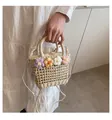 Handmade straw bucket bag with floral crochet details and drawstring closure - Puff Purple Tone Flower Style / Off White