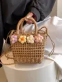 Handheld woven straw bucket bag in light brown with colorful knitted flower accents - Puff Purple Tone Flower Style / Khaki