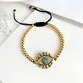 Ethnic style black cord bracelet with gold beads and micro-paved zircon evil eye charm - Gold Bead Chain Drawstring Style (CB0067)