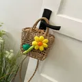 Handmade straw bucket bag with a yellow flower and drawstring lining for a summer look - Single Sunflower Style / Khaki