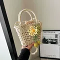 Cream handmade straw bucket bag with floral charms and drawstring liner - Green Yellow Dual Flower Style / Off White