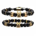 Ensemble de bracelets en perles noires avec breloques couronne dorée et cordon tressé - Noir Mat Ensemble