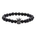 Perlenarmband aus blauem Sandstein mit schwarz glänzendem Kronen-Element und Zirkon - Facettierter blauer Sandstein Schwarz Weiß Zirkonia Krone