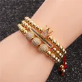 Three-piece gold beaded men's bracelet set with crown, bar, and pavé zircon balls - Crown and Red Braided Cord Bracelet Combination (Style 3) / Gold
