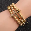 Three-piece gold beaded bracelet set for men featuring zircon crown and skull charms - Crown and Skull Bracelet Combination (Style 4) / Gold