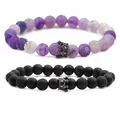 Macro detail of purple crackle stone and black volcanic rock bracelets with crown charms - Purple Agate & Black Lava Stone Gun-black Crown Set (Set of 4)