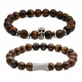 Tiger eye bead bracelets with silver skull and pavé crystal charms in a set of two - Tiger Eye And Skull Combination
