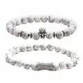 Mens beaded bracelet set with white turquoise stone beads and silver skull charms - Howlite And Skull Combination