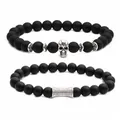 Mens matte black stone bead bracelets with silver skull charm and crystal bar accents - Matte Black Stone And Skull Combination One