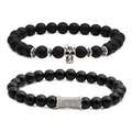Men's beaded skull bracelet set with matte stones and crystal-inlaid metal charms - Matte Black Stone And Skull Combination Two