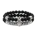 Detail of matte black stone and faceted hematite beaded bracelets with skull and crown - Matte Stone Bracelet And Silver Surface Bracelet (White Gold Set) / Silver