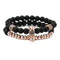 Matte black beads and rose gold crown skull bracelet set for men on white background - Matte Stone Bracelet And Rose Gold Surface Bracelet (Rose Gold Set) / Rose Gold