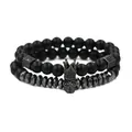 Matte black beaded bracelet set with skull and crown charms in gothic style - Matte Stone Bracelet And Black Surface Bracelet (Black Set) / Black