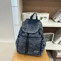 Deep blue washed denim backpack with drawstring flap and front zipper pocket - Dark Blue