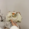 Borsa da sera ricamata in stile cinese con motivi floreali e catena di perle - Motivo Peonia e Bambù (Stile 1)